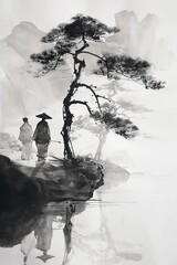 Samurai Couple Under a Tree in the Mist