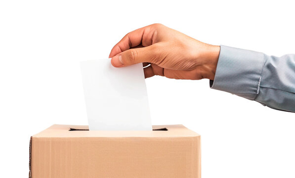 Hand placing one  vote in voting ballot box, transparent background, PNG format