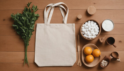 Top down flat lay of fabric reusable tote bag on simple background