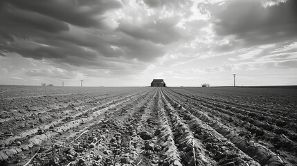 A monochrome image depicts a barren, desolate farm field during the Great Depression, marked by a lack of yield and impoverished conditions.