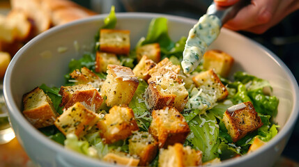 Tossing croutons into a Caesar salad - obrazy, fototapety, plakaty