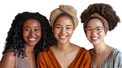 Portrait of three women with different nationalities smiling together, isolated on transparent background