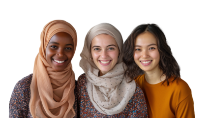 Three women with different nationalities smiling together, isolated on transparent background