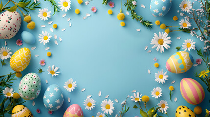 easter background with eggs and flowers on blue, Easter holiday background with copy space