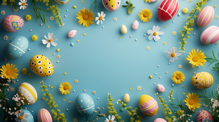 Fototapeta na wymiar easter eggs background, blue background with spring flowers, Easter holiday background with copy space