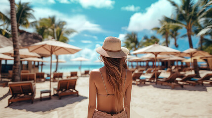 Fototapeta na wymiar woman at a luxury eco-friendly resort, wearing beachwear and summer hat beach umbrellas, and lounge chairs in the background, luxury vacation Bora Bora
