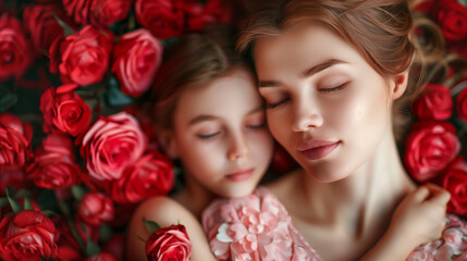 couple with rose petals, mother and daughter, Mother`s Day Background