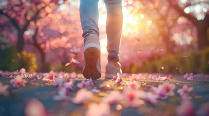 Schilderijen op glas person walking in park with blooming trees in Spring, Runner - running shoes closeup of woman barefoot running shoes. Female jogging in Park © Fokke Baarssen