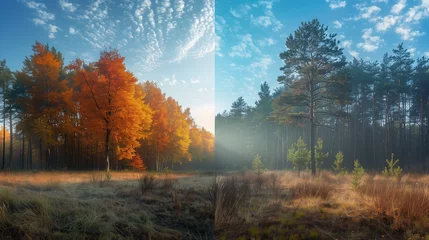 Fototapeten autumn in the forest, Comparison photo of the same scene in the summer and the Autumn season, morning in the forest  © Fokke Baarssen