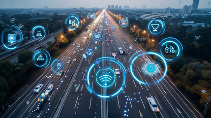 Social infrastructure and communication technology concept. IoT Internet of Things, Autonomous transportation. top view of the highway with floating icons around, self-driving cars on the road
