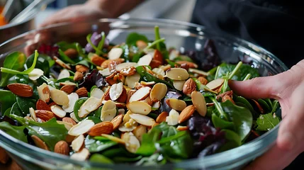 Foto auf Glas Tossing sliced almonds into a salad © Food Cart