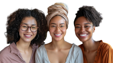 Group of women with different nationalities smiling together, isolated on transparent background