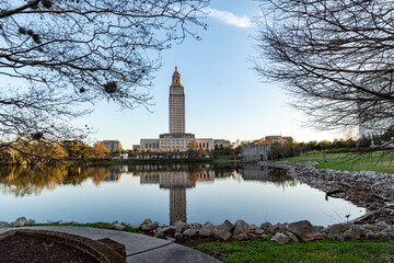 Louisiana State Capitol and Capitol Lake just before dusk