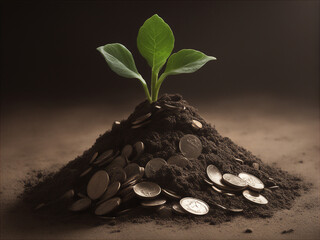 sustainable and profitable environment. a pile of dirt with a plant growing and money next to it.