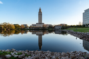 Louisiana State Capitol and Capitol Lake just before dusk