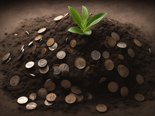 sustainable and profitable environment. a pile of dirt with a plant growing and money next to it.
