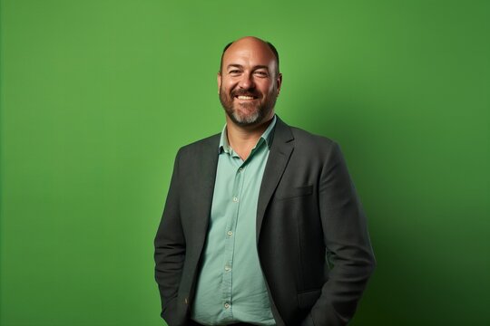 Portrait of a happy middle-aged man smiling against a green background