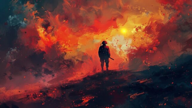 illustration painting of a lone soldier in war with explosions and smoke,bombs,death