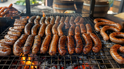Hot Dogs and Sausages Cooking on a Grill