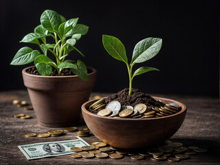 sustainable and profitable environment. a pile of dirt with a plant growing and money next to it.
