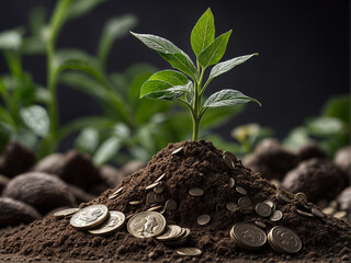 sustainable and profitable environment. a pile of dirt with a plant growing and money next to it.