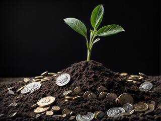 sustainable and profitable environment. a pile of dirt with a plant growing and money next to it.