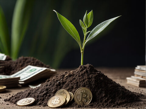 sustainable and profitable environment. a pile of dirt with a plant growing and money next to it.