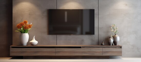 Smart TV on cabinet design in modern living room with blank screen - obrazy, fototapety, plakaty