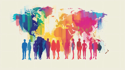 minimalist illustration of different people with world background 