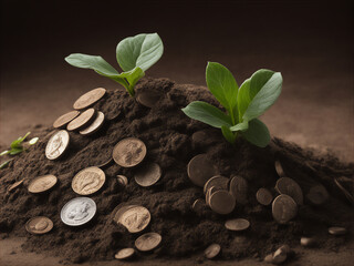 sustainable and profitable environment. a pile of dirt with a plant growing and money next to it.
