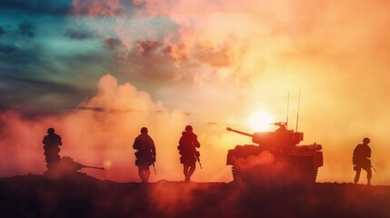 soldiers with tanks in world war on a hill at sunset in high resolution