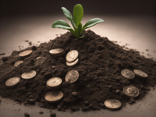 sustainable and profitable environment. a pile of dirt with a plant growing and money next to it.