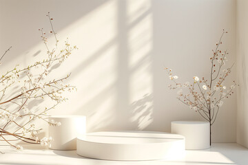 The background of the exhibition hall, the podium in delicate, warm shades for design. Minimalistic modern style.