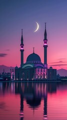 Fototapeta na wymiar beautiful eye-catching mosque with crescent moon in the background at sunset and reflected by lake