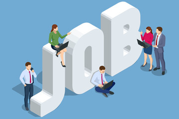 Isometric Search job vacancy, recruitment and workgroup, concept. Job interview, recruitment agency