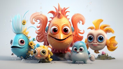 Fototapeta premium Underwater Animals and 3D Characters cute face
