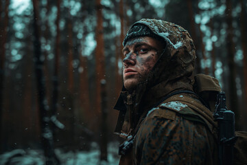 Obraz premium A dirty soldier in the forest, a dark photo of war and soldiers. Concept of warfare