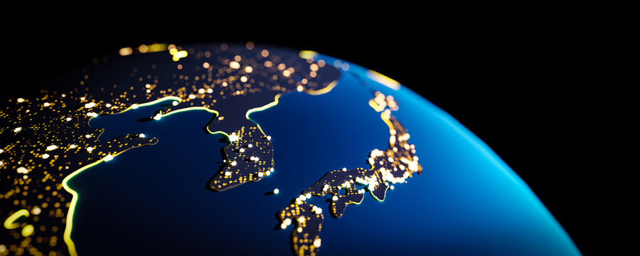 Conceptual background of the night view of Korea and Japan from space. 3d rendering