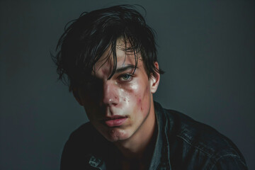 Obraz premium Distressed young man or man with depression on a dark background, portrait. Copyspace