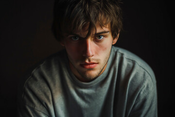 Distressed young man or man with depression on a dark background, portrait. Copyspace