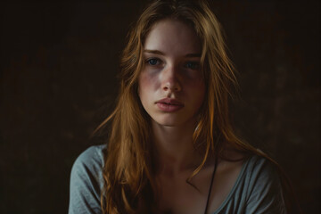 Fototapeta premium Distressed young woman or woman with depression on a dark background, portrait