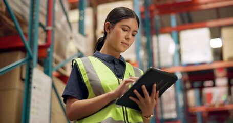 Shipping, warehouse and woman on tablet for inspection, inventory and online stock. Manufacturing, distribution and person on digital technology for logistics, maintenance and checklist in factory - Powered by Adobe