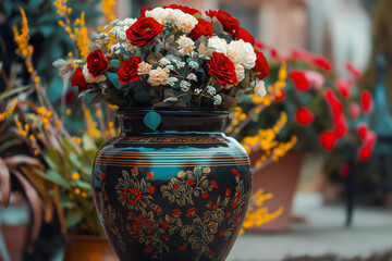 Elegant floral arrangement in a decorative vase with a blurred background.