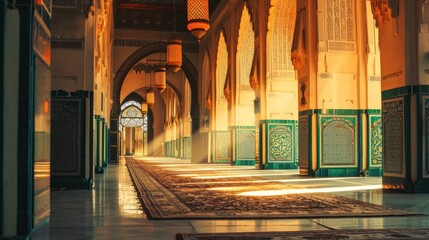 Creative traditional windows in Arabesque style, sunset light entering the building, Islamic concept