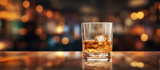 Whisky glass on table with blurry background - obrazy, fototapety, plakaty