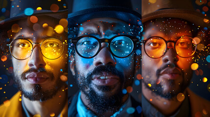 Group of Men with Glasses and Stylish Hats in Vibrant Light Effects, To sell as a stock photo on Shutterstock and other stock photo platforms,