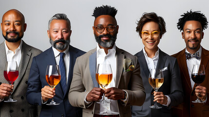 Group of People Holding Wine Glasses in Afrofuturism-Inspired Style, To convey a sense of celebration, networking, and professional success in