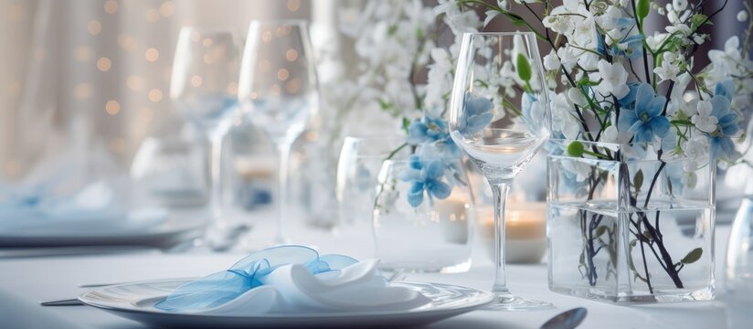 Festive banquet decoration in bright restaurant with white designer cutlery blue flowers crystal glasses and white napkins