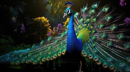Obraz premium Vibrant peacock, a stunning display of nature's beauty, showcasing the colorful plumage and elegant presence of this majestic, a symbol of grace and elegance.