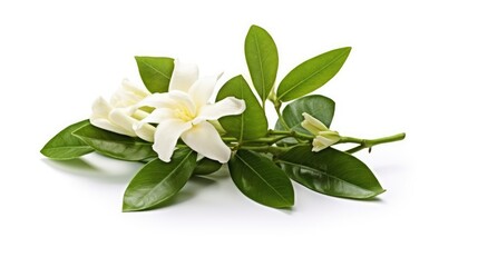 White jasmine flower and green leaves on white background